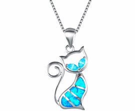 Blue Fire Opal Cat Pendant Necklace