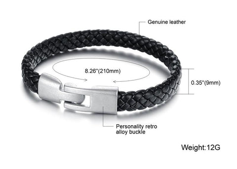Black Genuine Leather Weaved Knitted Wristband
