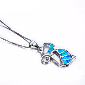 Blue Fire Opal Cat Pendant Necklace